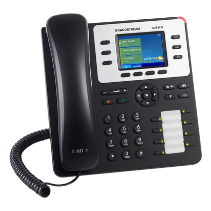 Grandstream GXP2130 VoIP phone left angle view featuring HD audio handset, color LCD screen, and programmable line keys for business users.