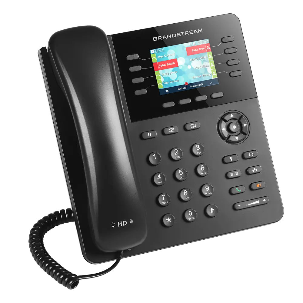 Grandstream GXP2135 enterprise IP phone left angle view featuring HD audio handset, color screen and SIP communication support.