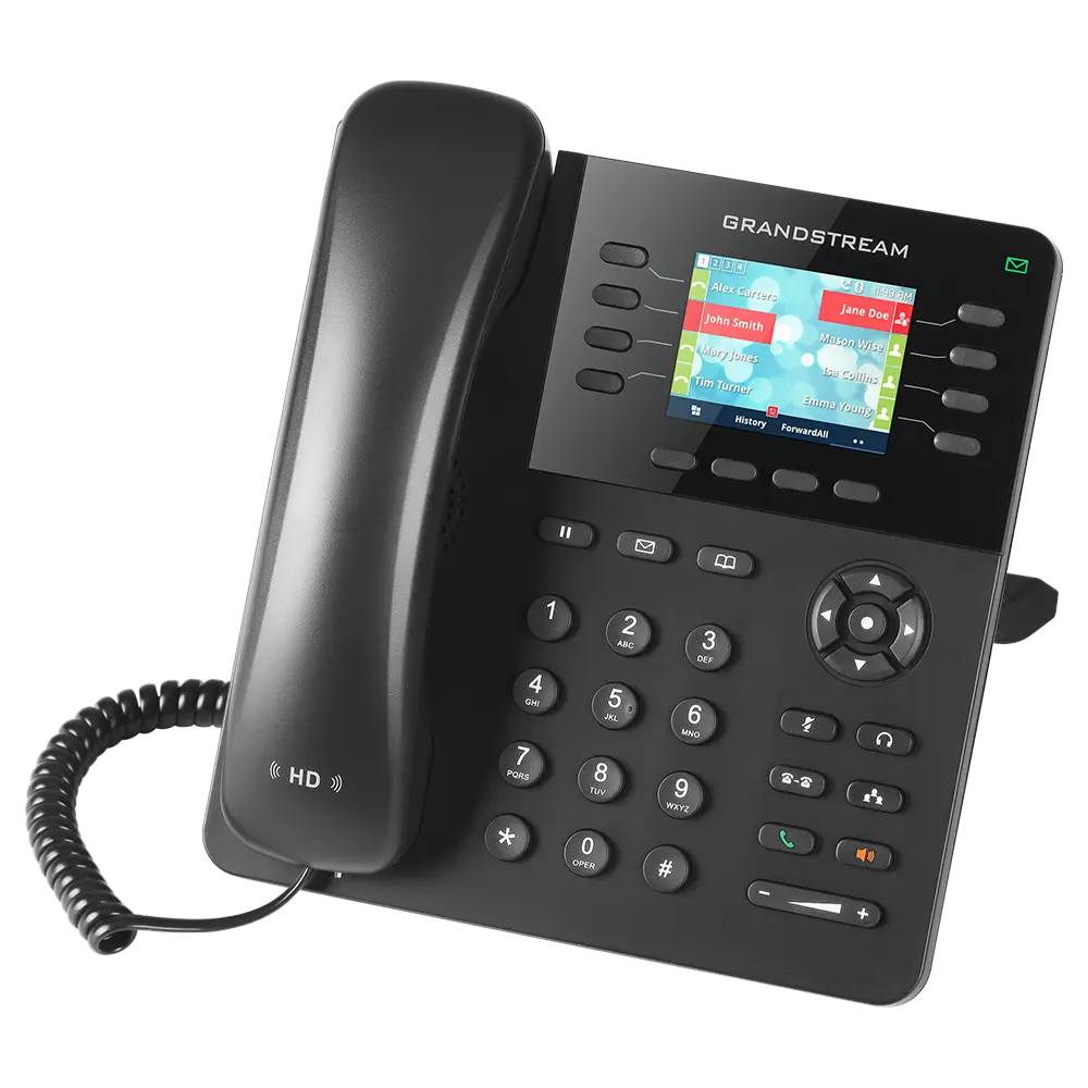 Grandstream GXP2135 VoIP IP phone right angle view with 8-line support, programmable function keys and HD voice technology.