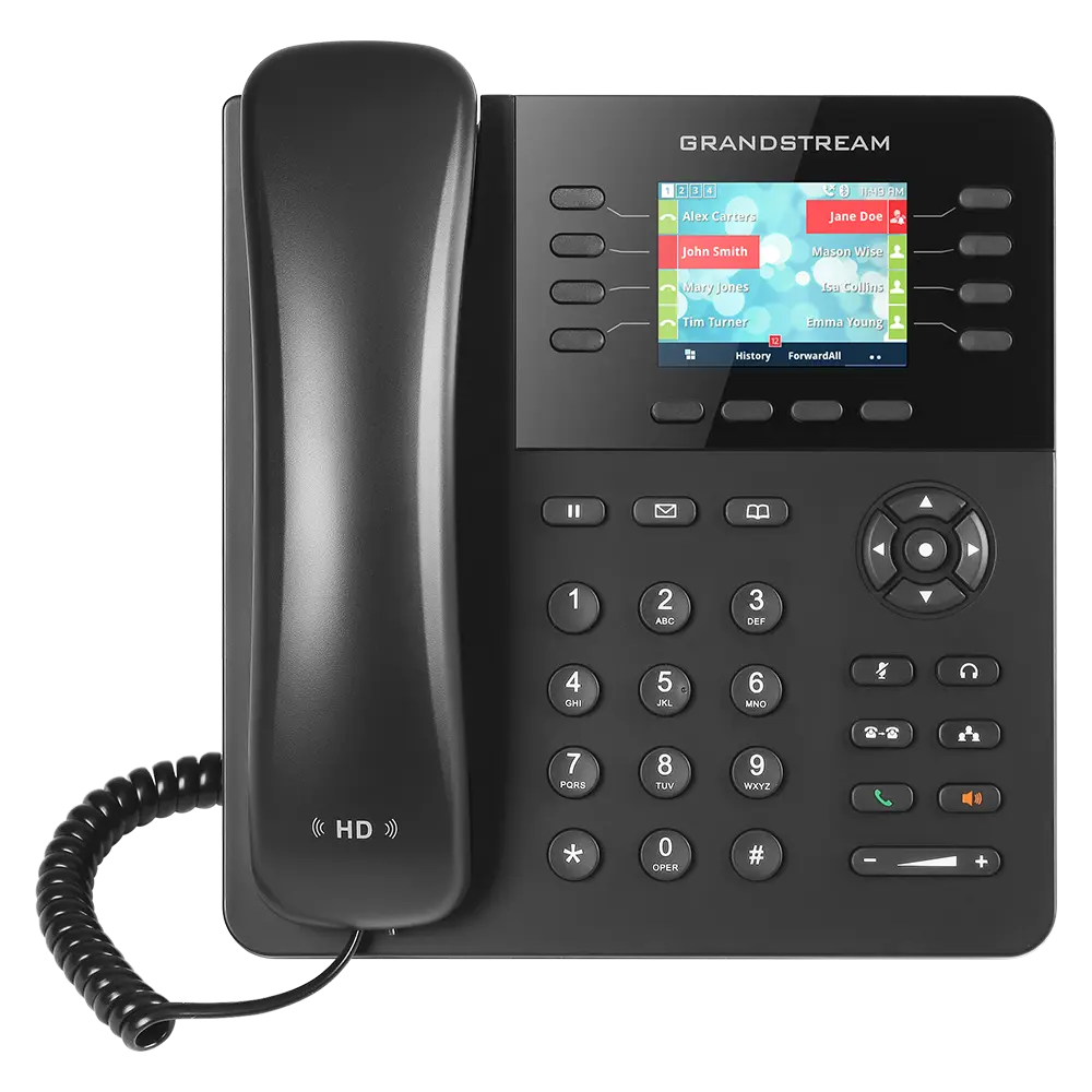 Grandstream GXP2135 HD IP Phone front view with color LCD display, programmable keys, Gigabit Ethernet and PoE support.