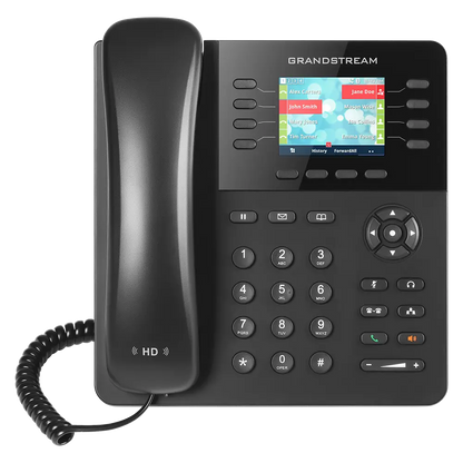 Grandstream GXP2135 HD IP Phone front view with color LCD display, programmable keys, Gigabit Ethernet and PoE support.