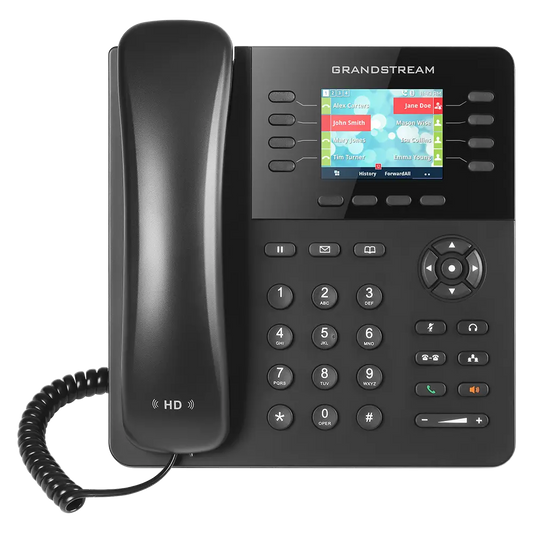 Grandstream GXP2135 HD IP Phone front view with color LCD display, programmable keys, Gigabit Ethernet and PoE support.