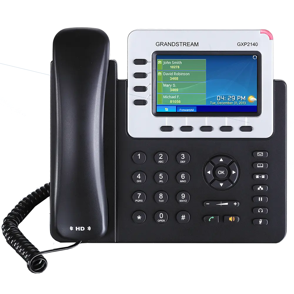 Grandstream GXP2140 enterprise IP phone front view with 4.3-inch color LCD display, HD audio handset, Bluetooth support, and Gigabit PoE connectivity.