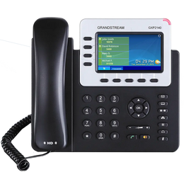 Grandstream GXP2140 enterprise IP phone front view with 4.3-inch color LCD display, HD audio handset, Bluetooth support, and Gigabit PoE connectivity.