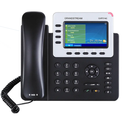 Grandstream GXP2140 enterprise IP phone front view with 4.3-inch color LCD display, HD audio handset, Bluetooth support, and Gigabit PoE connectivity.