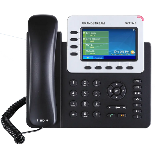 Grandstream GXP2140 enterprise IP phone front view with 4.3-inch color LCD display, HD audio handset, Bluetooth support, and Gigabit PoE connectivity.