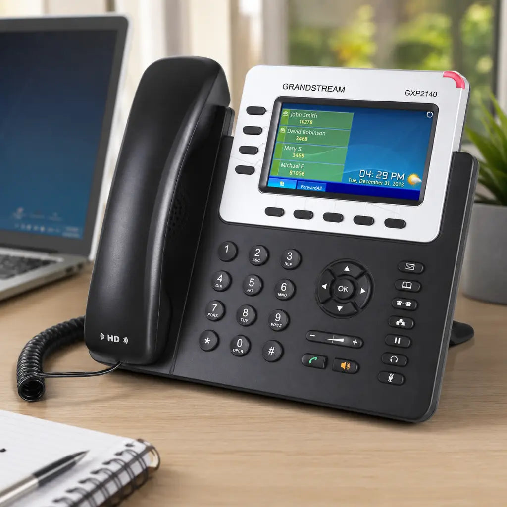 Grandstream GXP2140 enterprise IP phone on an office desk featuring a 4.3-inch color display, HD audio handset, Bluetooth connectivity, and Gigabit PoE support for business communication.