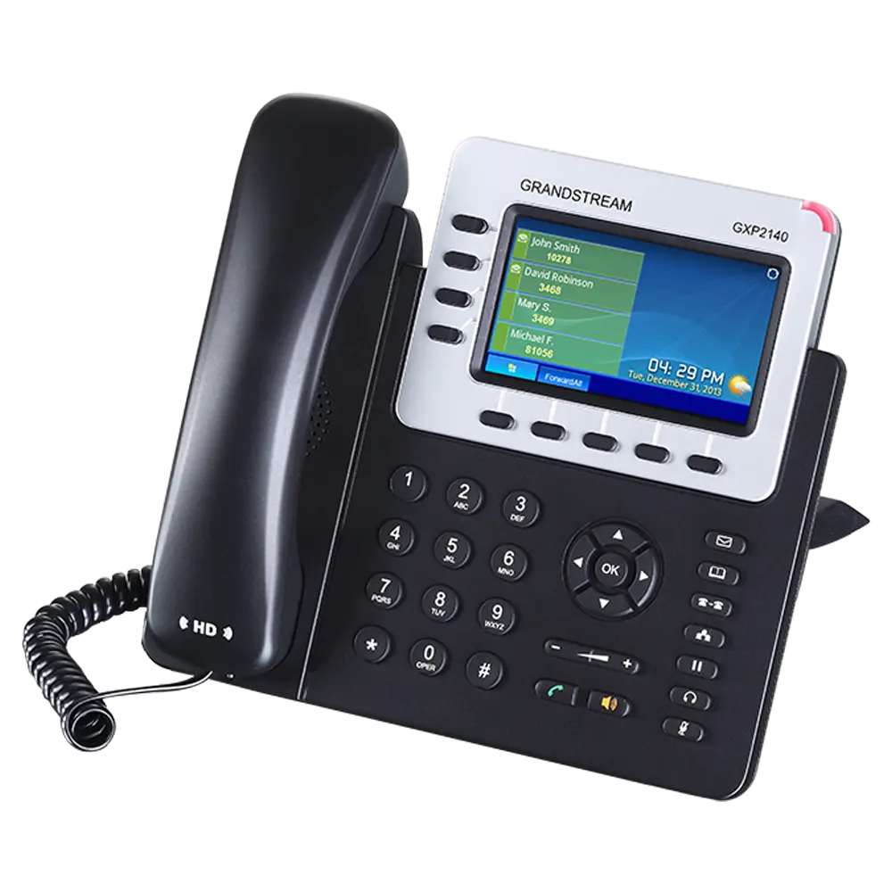 Grandstream GXP2140 SIP IP phone left angle view with 4 SIP account support, HD audio handset, color screen, and enterprise telephony features.
