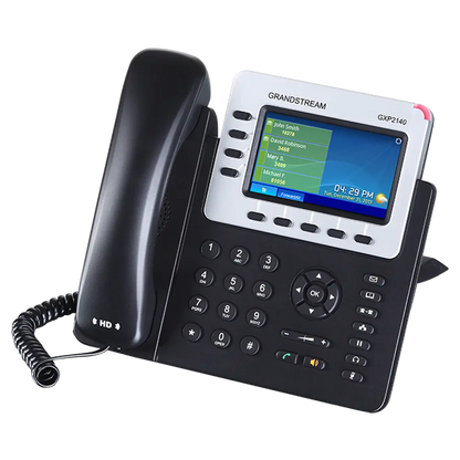 Grandstream GXP2140 SIP IP phone left angle view with 4 SIP account support, HD audio handset, color screen, and enterprise telephony features.