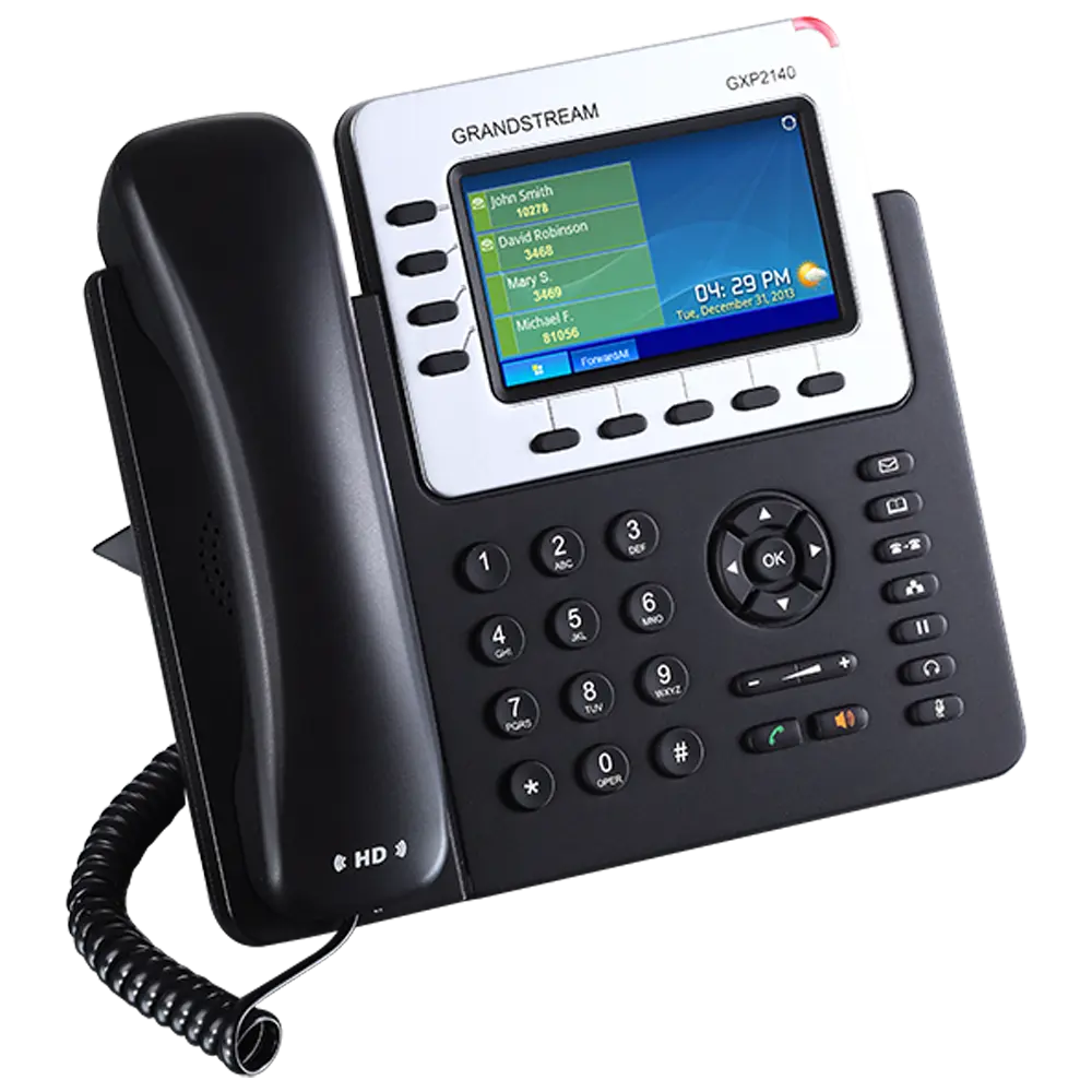 Grandstream GXP2140 VoIP IP phone right angle view featuring color display, programmable keys, HD voice technology, and business communication capabilities.