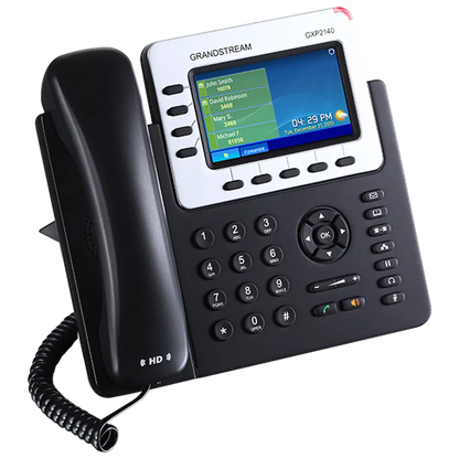 Grandstream GXP2140 VoIP IP phone right angle view featuring color display, programmable keys, HD voice technology, and business communication capabilities.