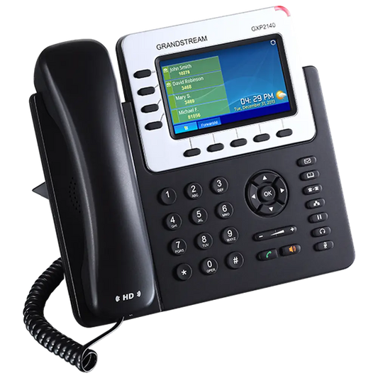 Grandstream GXP2140 VoIP IP phone right angle view featuring color display, programmable keys, HD voice technology, and business communication capabilities.