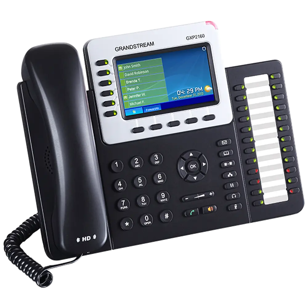 Grandstream GXP2160 business VoIP phone right-angle view showing color LCD display, navigation controls, HD handset, and extension monitoring keys.