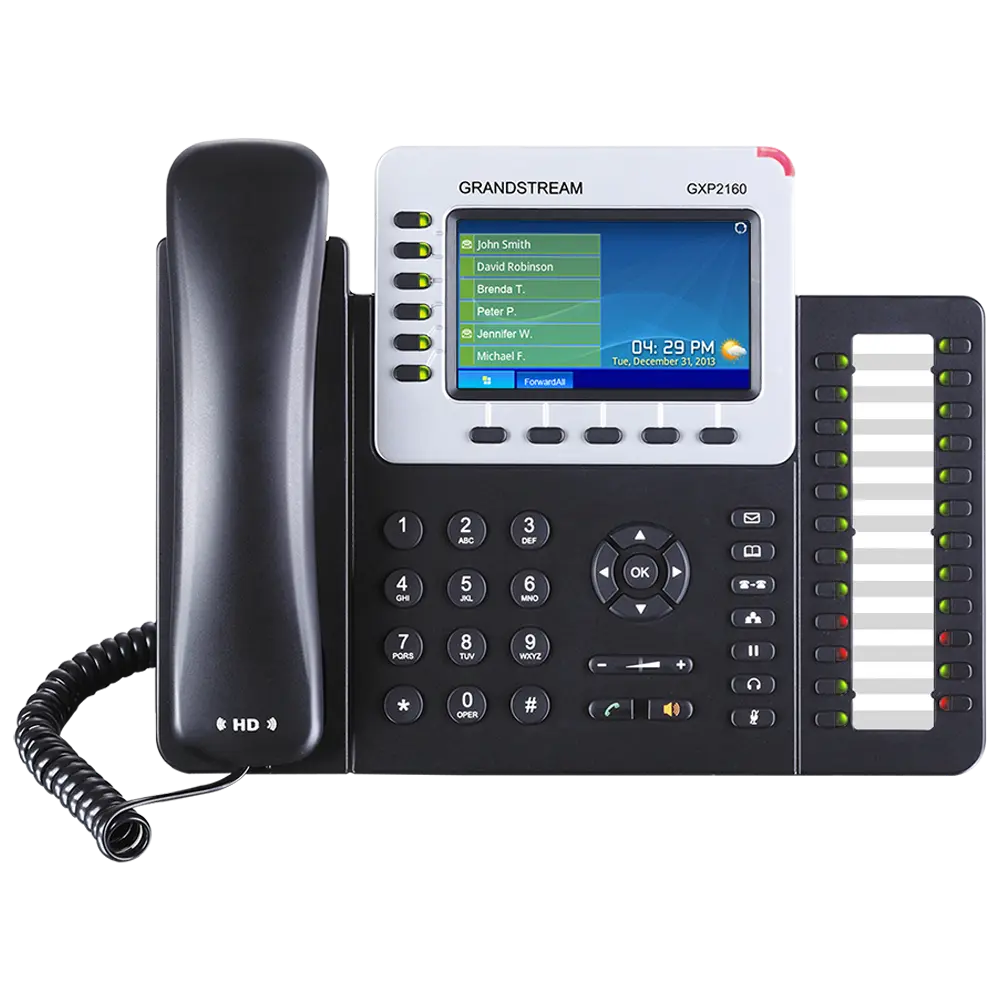 Front view of Grandstream GXP2160 enterprise IP phone with 6 SIP accounts, 4.3-inch color screen, HD audio support, and programmable BLF keys.