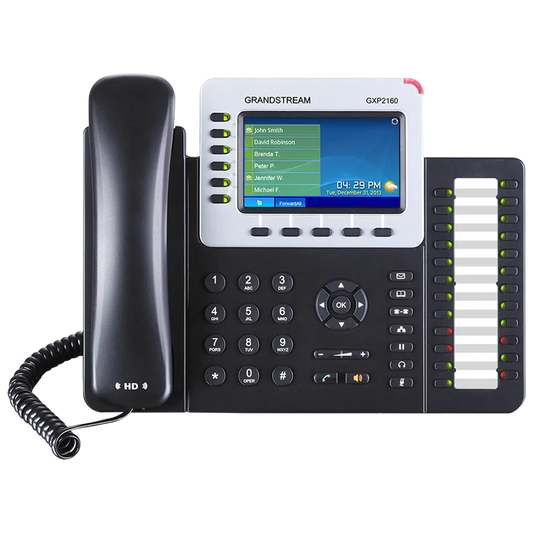 Front view of Grandstream GXP2160 enterprise IP phone with 6 SIP accounts, 4.3-inch color screen, HD audio support, and programmable BLF keys.