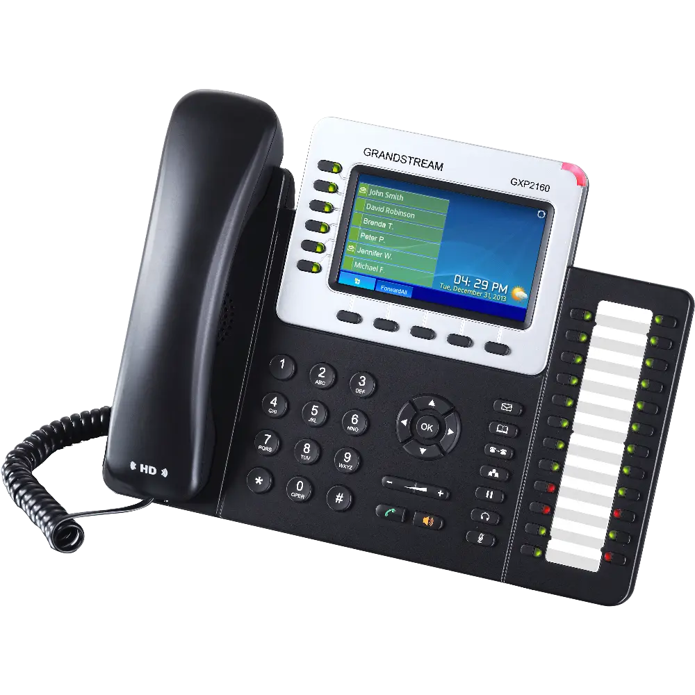 Grandstream GXP2160 VoIP IP phone left-angle view with color LCD display, HD voice handset, 24 BLF speed dial keys, and enterprise call management features.
