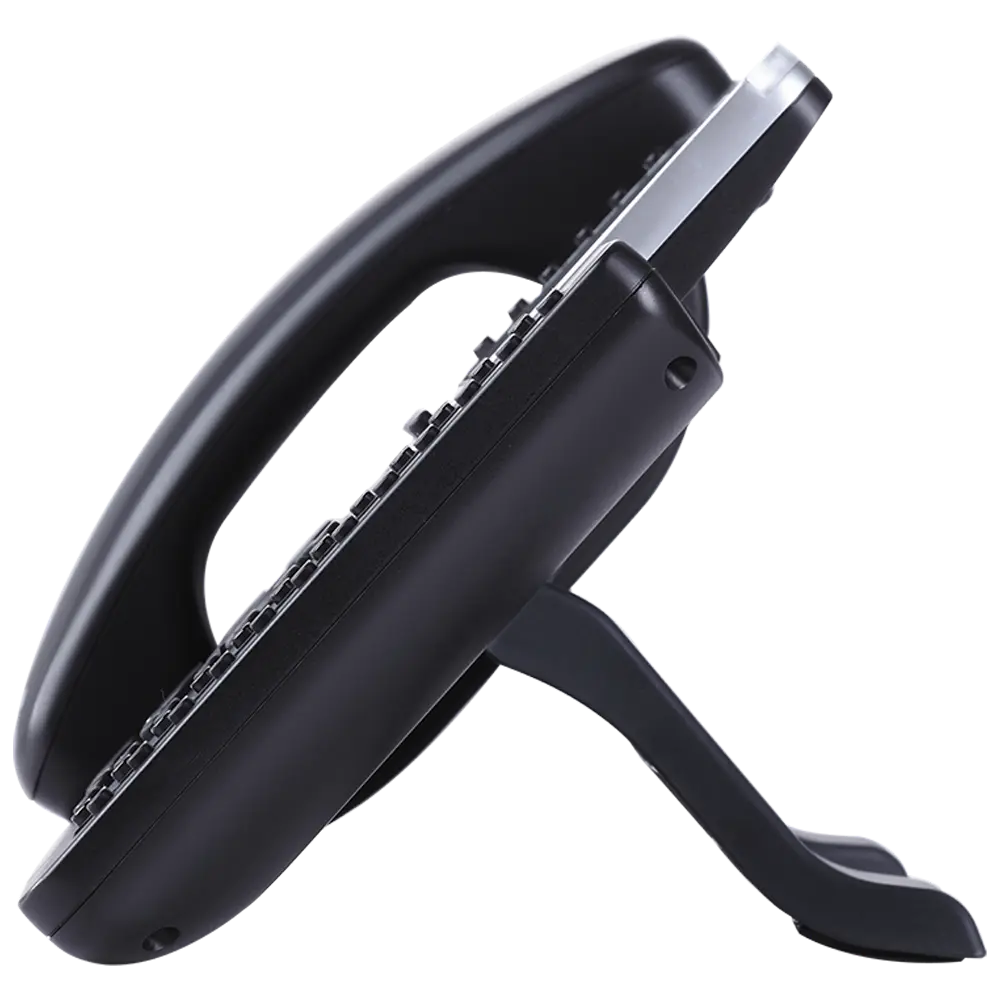 Side profile of Grandstream GXP2160 enterprise IP phone showing ergonomic handset design, adjustable stand, and professional desktop deployment configuration.
