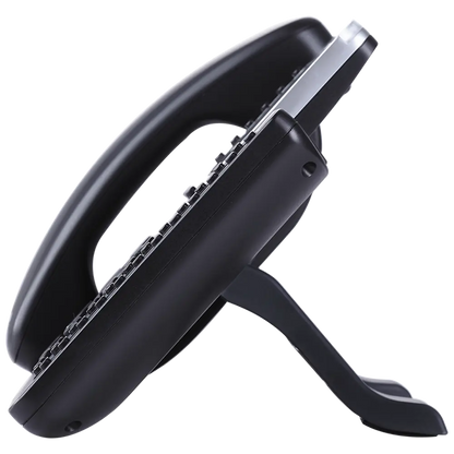 Side profile of Grandstream GXP2160 enterprise IP phone showing ergonomic handset design, adjustable stand, and professional desktop deployment configuration.