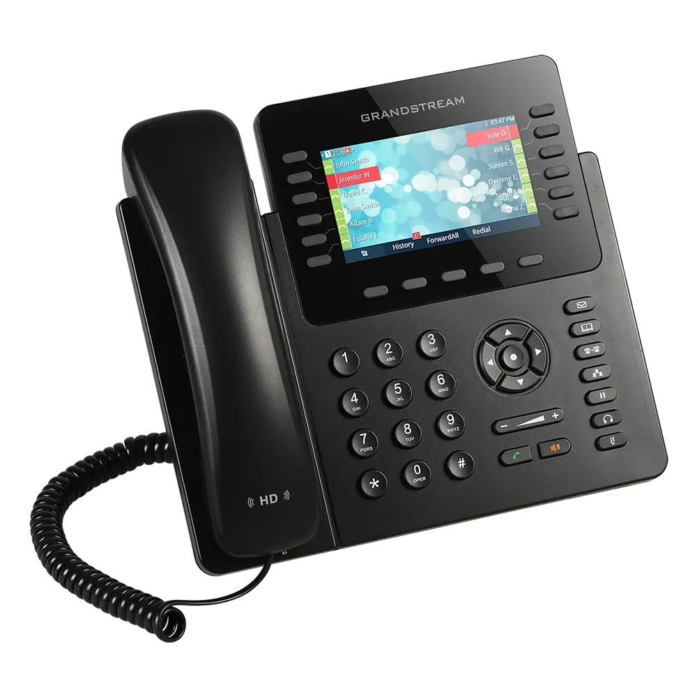 Angled view of Grandstream GXP2170 SIP IP phone with HD audio handset, color LCD display, and programmable business communication keys.