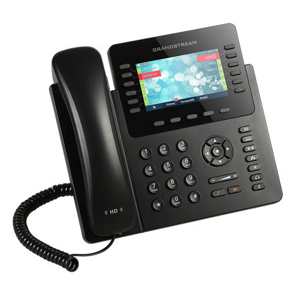Angled view of Grandstream GXP2170 SIP IP phone with HD audio handset, color LCD display, and programmable business communication keys.