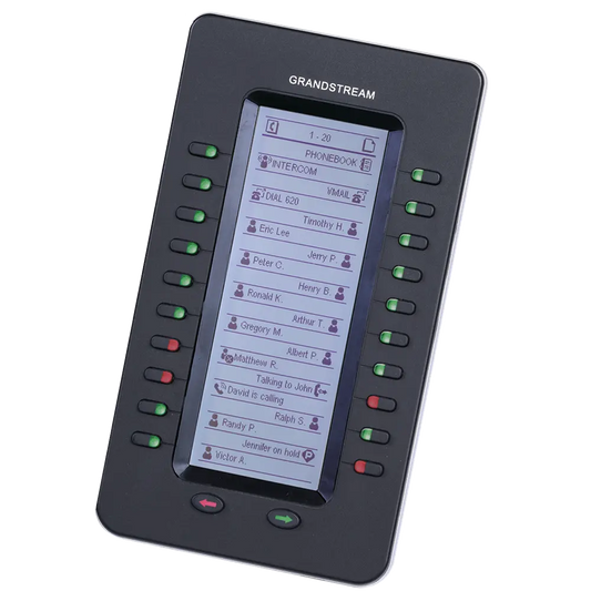 Angled view of Grandstream GXP2200 EXT expansion module featuring graphic LCD screen and programmable extension keys.