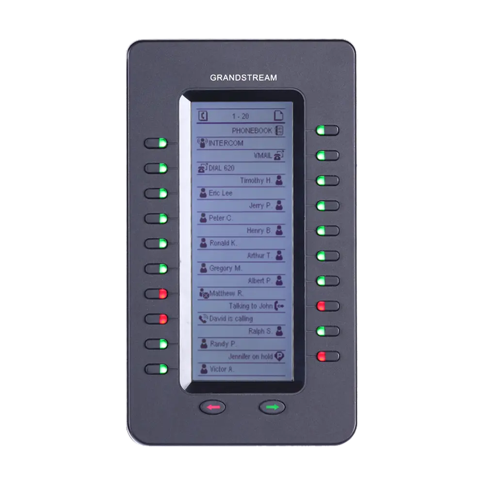 Grandstream GXP2200 EXT IP phone expansion module front view with LCD display and 20 programmable dual-color LED keys.
