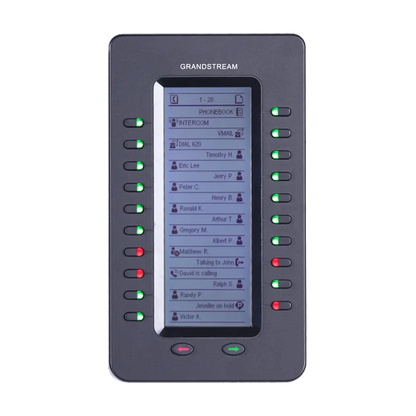 Grandstream GXP2200 EXT IP phone expansion module front view with LCD display and 20 programmable dual-color LED keys.