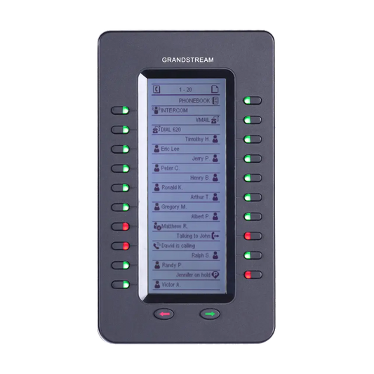 Grandstream GXP2200 EXT IP phone expansion module front view with LCD display and 20 programmable dual-color LED keys.