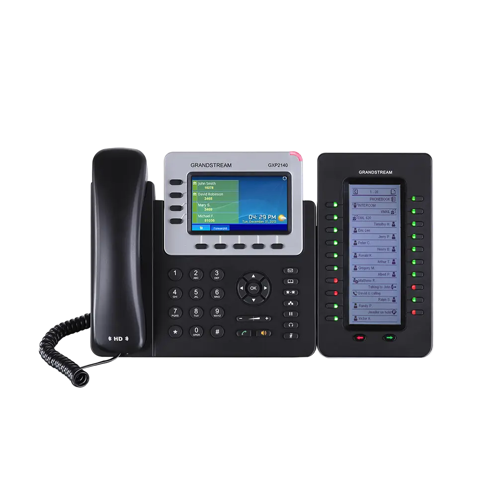 Grandstream GXP2200 EXT expansion module connected to GXP2140 IP phone for BLF monitoring and extension management.