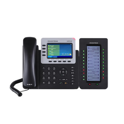 Grandstream GXP2200 EXT expansion module connected to GXP2140 IP phone for BLF monitoring and extension management.