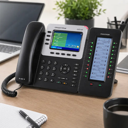 Grandstream GXP2200 EXT expansion module with GXP2140 IP phone in an office workspace for efficient call handling.