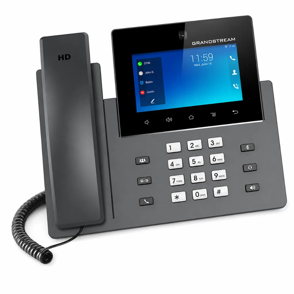 Grandstream GXV3450 business IP video phone with HD color display, numeric keypad and handset front left angle view