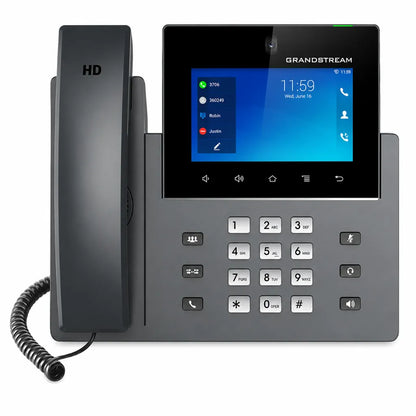 Grandstream GXV3450 IP video phone front view with HD touchscreen display, camera and physical keypad