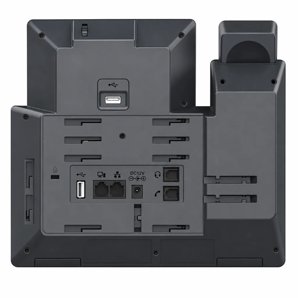 Grandstream GXV3450 IP video phone rear view showing USB port, dual Ethernet ports, headset port and power input