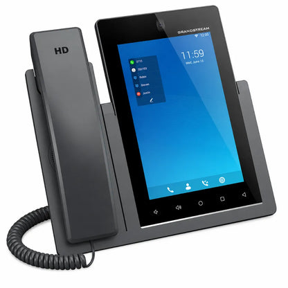 Grandstream GXV3470 IP video phone front left angle view with touchscreen display, HD handset and built-in camera