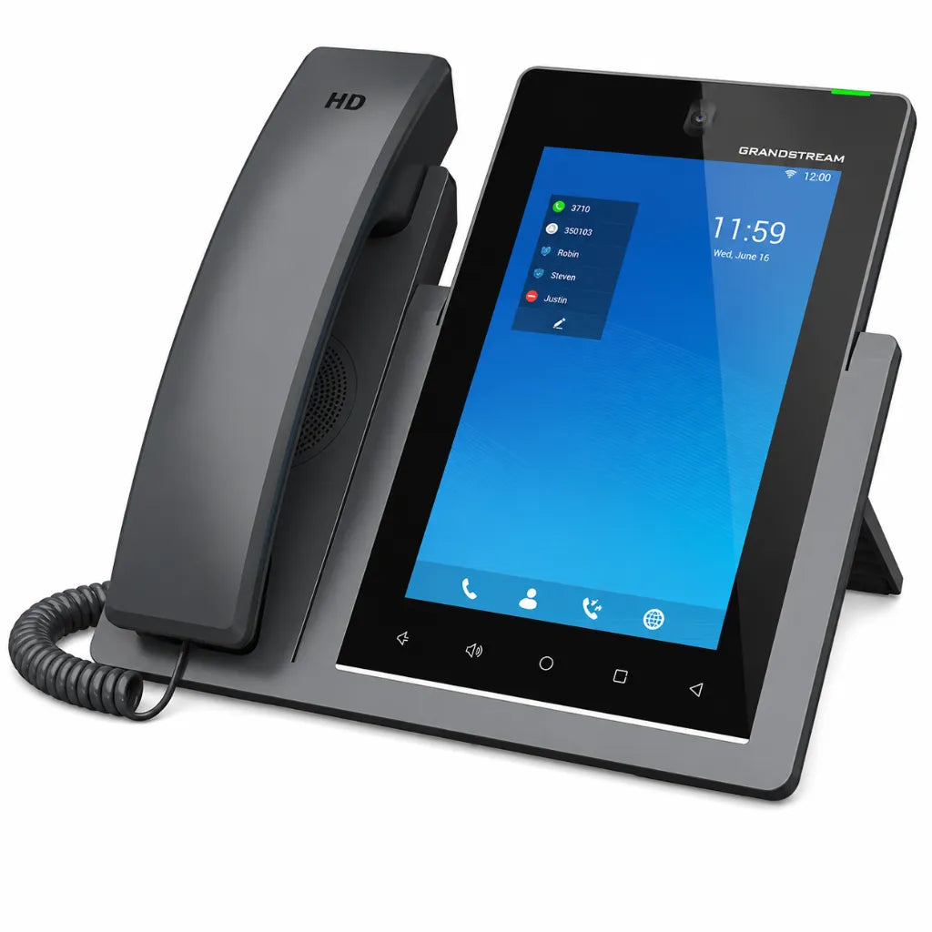 Grandstream GXV3470 business IP video phone front right angle view with HD handset and touchscreen display