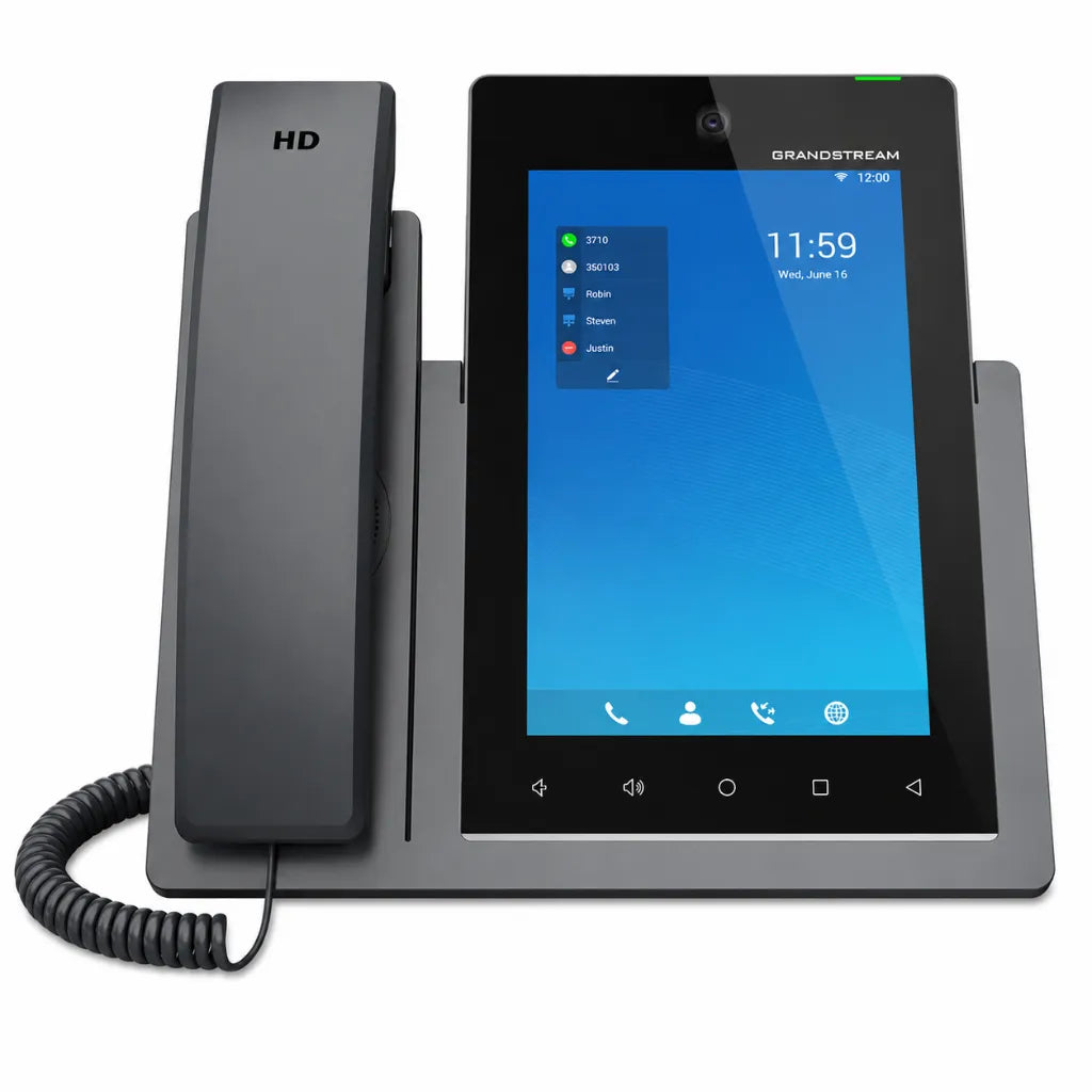 Front view of Grandstream GXV3470 Android IP video phone with touchscreen display, HD handset and integrated camera