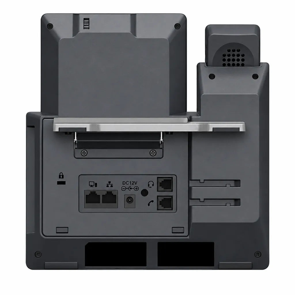 Rear view of Grandstream GXV3470 IP video phone showing Ethernet ports, handset ports and DC power input