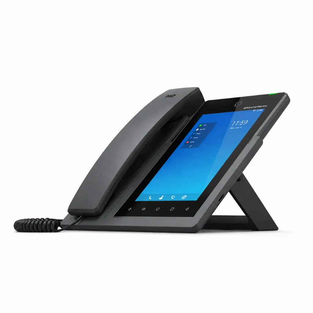 Side profile of Grandstream GXV3470 IP video phone showing adjustable stand, handset and slim touchscreen design