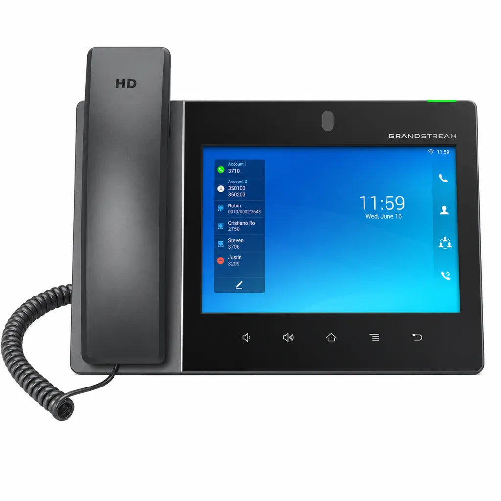 Grandstream GXV3480 IP video phone front view with 8-inch touchscreen display, HD handset, and Android business communication interface.