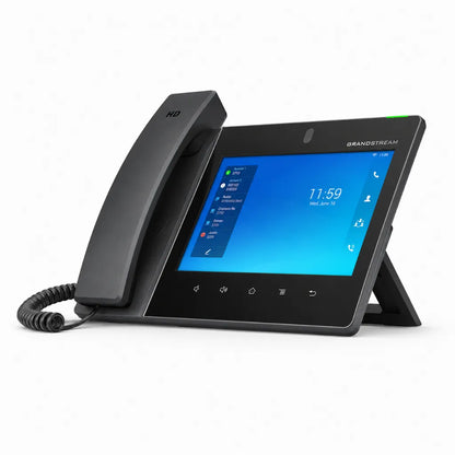 Grandstream GXV3480 business IP video phone left angle view with HD handset, large touchscreen display, and modern VoIP desk phone design.