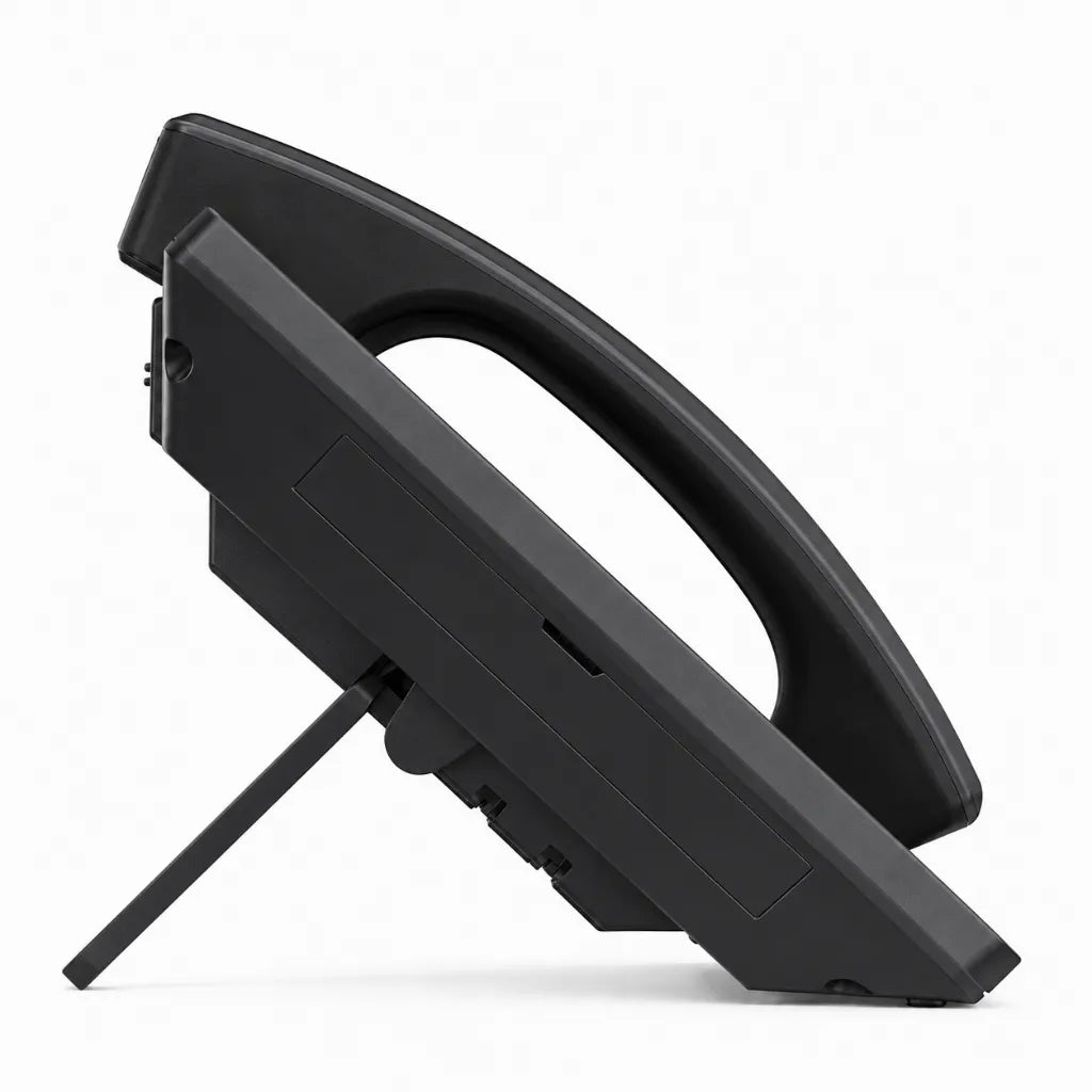 Grandstream GXV3480 IP video phone rear side view showing back profile, integrated handset frame, and adjustable desktop stand.