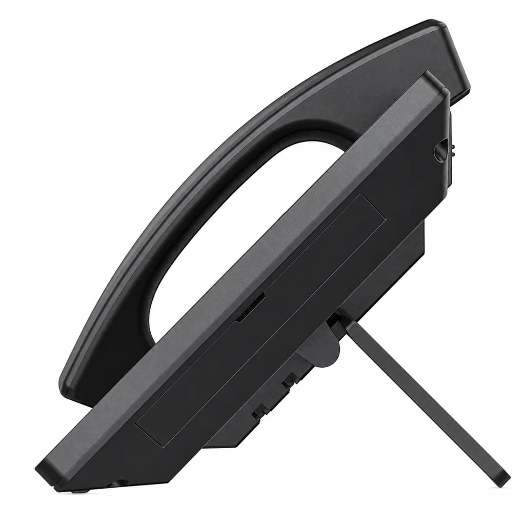 Grandstream GXV3480 IP video phone side profile view showing slim desktop design, integrated handset, adjustable stand, and touchscreen body.