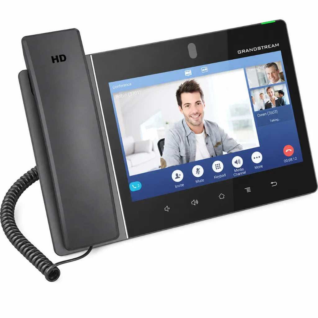 Grandstream GXV3480 Android IP video phone angled front view showing HD video calling interface, touchscreen display, and business conferencing features.