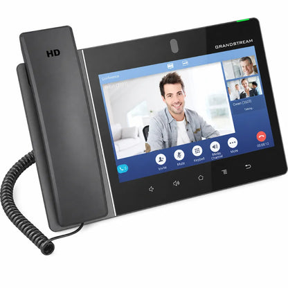 Grandstream GXV3480 Android IP video phone angled front view showing HD video calling interface, touchscreen display, and business conferencing features.