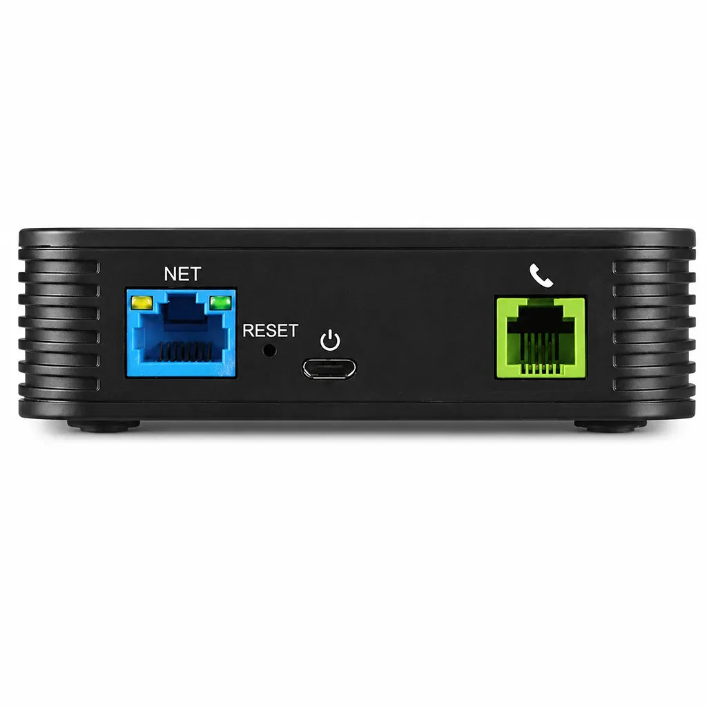 Grandstream HT801 V2 rear view showing RJ45 Ethernet port, FXS phone port, USB-C power input and reset button -tpstech.in