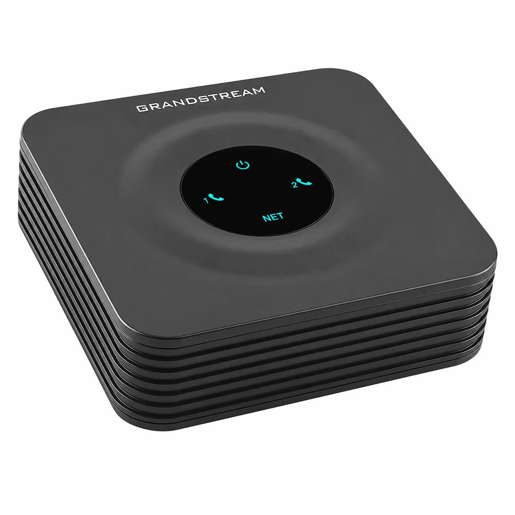 Grandstream HT802 v2 2-Port Analog Telephone Adapter left perspective view showing compact desktop design for home and business VoIP deployment -tpstech.in