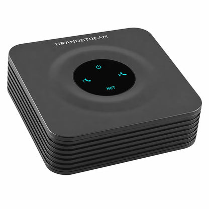 Grandstream HT802 v2 2-Port Analog Telephone Adapter left perspective view showing compact desktop design for home and business VoIP deployment -tpstech.in
