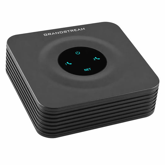 Grandstream HT802 v2 2-Port Analog Telephone Adapter left perspective view showing compact desktop design for home and business VoIP deployment -tpstech.in