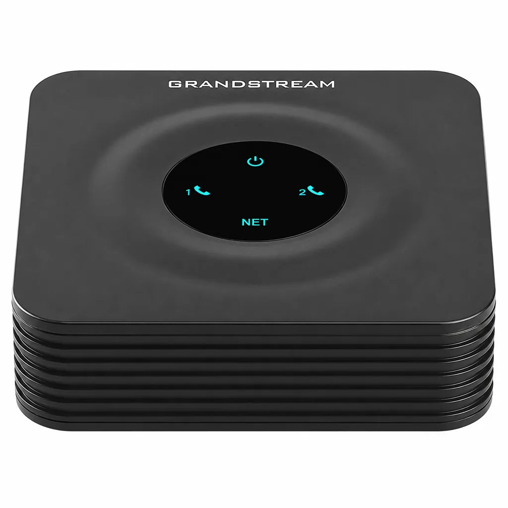Grandstream HT802 v2 2-Port VoIP Analog Telephone Adapter front angle view with dual FXS support and LED status indicators for IP telephony -tpstech.in